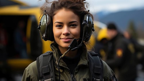 Female african american military helicopter pilot standing near her aircraft