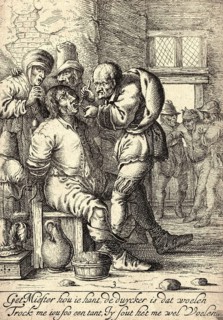 A dental extractor pulls a tooth from a patient tied to a chair in a rundown room while his worried woman looks on. Dental instruments and apparatus. Dentist and Patient