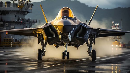 A lockheed martin F-35 fighter jet takes off of an aircraft carrier