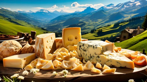 A selection of different cheeses lying on a thick wooden board
