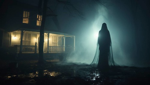 Ghostly female figure silhouette standing or walking amidst the spooky halloween fog outside