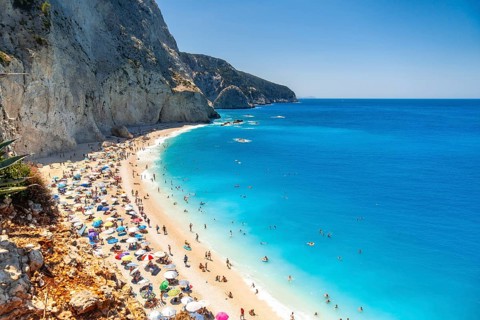 Panoramic view from above of Porto Katsiki beach on Lefkada island in summer