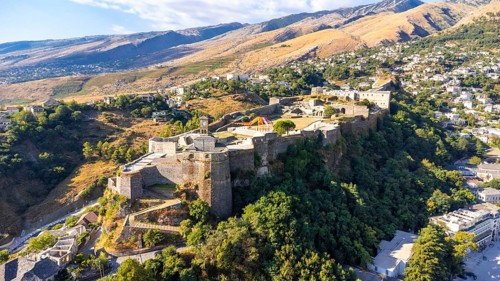 Aerial view of the old castle and fortress of Gjirokaster or Gjirokastra