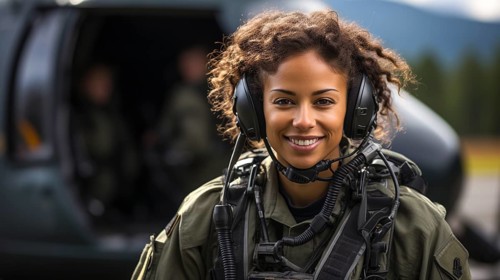 Female african american military helicopter pilot standing near her aircraft