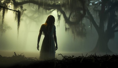 Ghostly female figure silhouette standing or walking amidst the spooky halloween fog outside