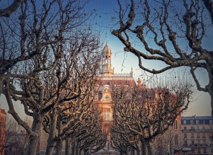 City Hall of Asnieres as seen through the leafless sycamore trees alley outdoors in the park. Asnieres-sur-Seine mairie backyard facade view in sunset light