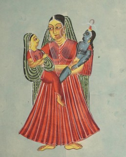 Yasoda holding Krishna and Radha