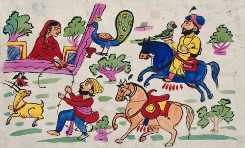 A hunting party meets a woman feeding a peacock