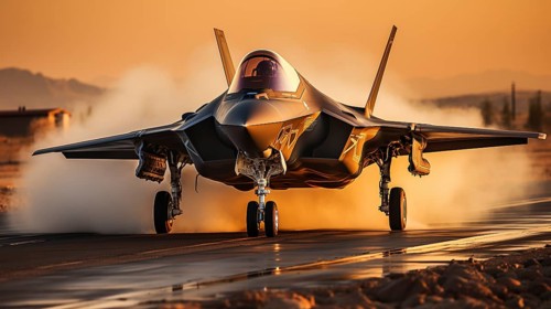 A lockheed martin F-35 fighter jet takes off of a runway