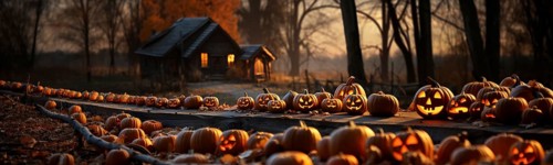 Spooky and fun collection of dozens of halloween carved pumpkins outside on hallows eve