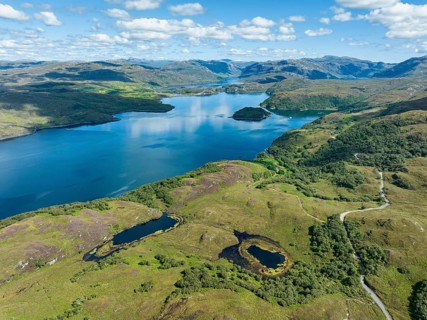 Aerial view of the freshwater loch Loch a' Chairn Bhain in the Northwest Highlands