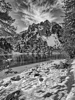 Frozen lake with mountain and snow