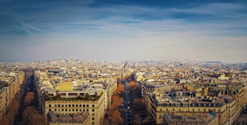 Paris cityscape panoramic view to Sacre Coeur Basilica of Montmartre