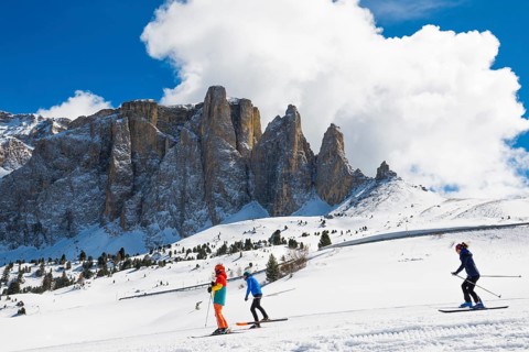 Snow-covered mountains and skiers