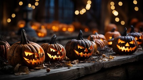 Spooky and fun collection of dozens of halloween carved pumpkins outside on hallows eve