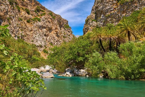 View of Kourtaliotis river and canyon near Preveli beach at Libyan sea