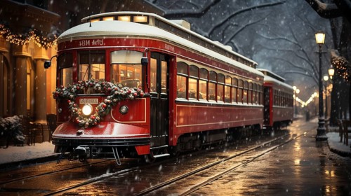 Festive christmas holiday decorated town trolley driving down the street. generative AI