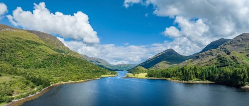 Aerial panorama of the eastern part of the freshwater loch Loch Leven
