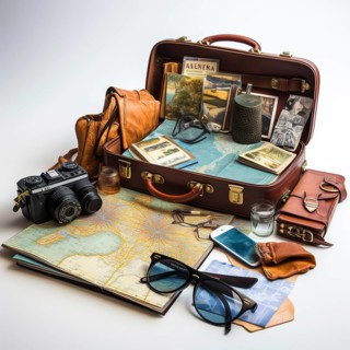 Travel preparation Packed old leather suitcase with photo