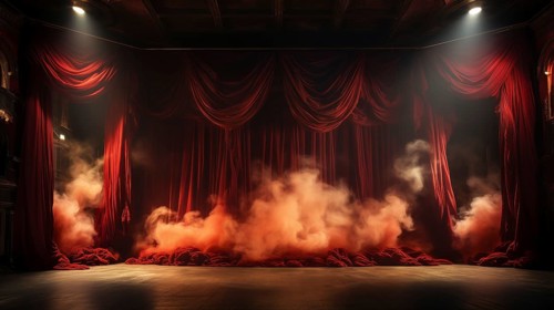 Theatre stage with red velvet curtains on fire. generative AI