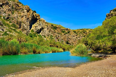 View of Kourtaliotis river and canyon near Preveli beach at Libyan sea