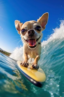 Excited Chihuahua riding a wave on a surfbard on a sunny day with blue sky. AI generated