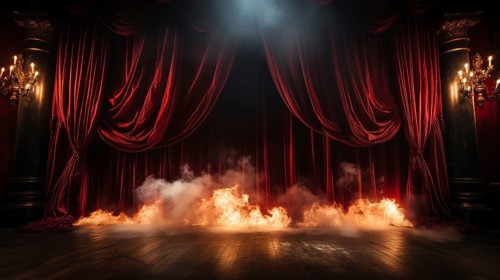 Theatre stage with red velvet curtains on fire. generative AI