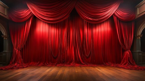 Dramatically lit lustrous red velvet theatre curtains and wooden stage floor. generative AI