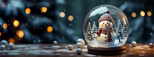 Christmas snow globe with snowman on a wood surface banner. generative AI