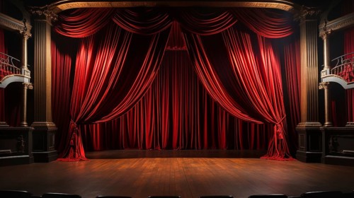 Dramatically lit lustrous red velvet theatre curtains and wooden stage floor. generative AI