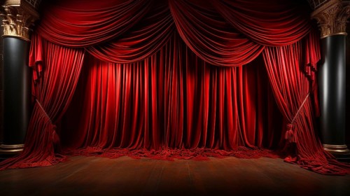 Dramatically lit lustrous red velvet theatre curtains and wooden stage floor. generative AI