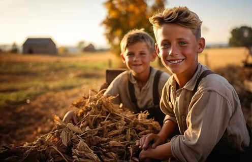Teenage boys enjoying a fall gathering on the farm with friends