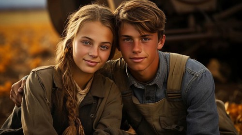 Cute teenaged couple enjoying a fall gathering on the country farm with friends