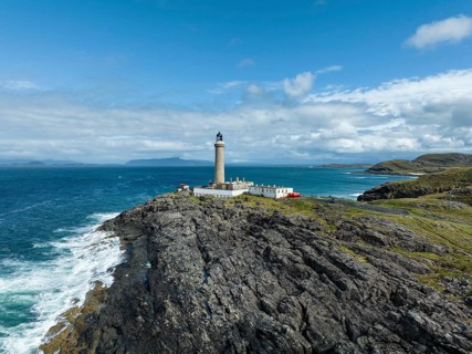 Aerial view of Ardnamurchan Point with the 35 metre high lighthouse