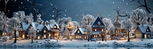 Miniature holiday christmas decorated town and snowy village scene banner. generative AI