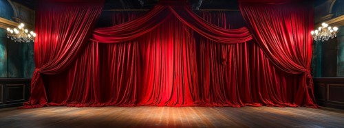 Dramatically lit lustrous red velvet theatre curtains and wooden stage floor. generative AI