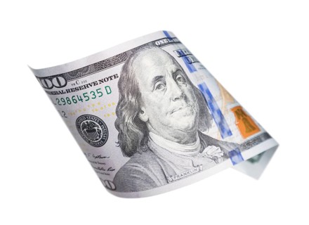 One hundred dollar bill falling or floating on empty background