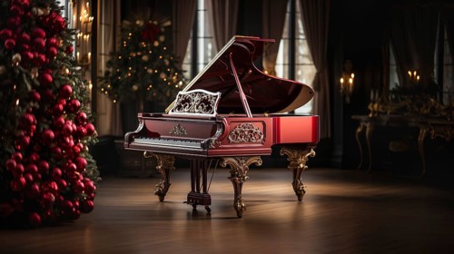 Classic ornate grand piano in A christmas decorated music room. generative AI