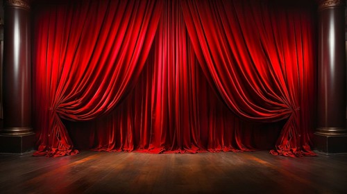 Dramatically lit lustrous red velvet theatre curtains and wooden stage floor. generative AI