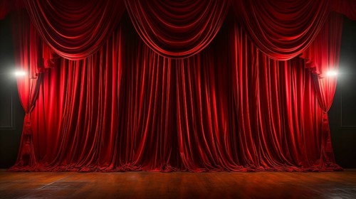 Dramatically lit lustrous red velvet theatre curtains and wooden stage floor. generative AI