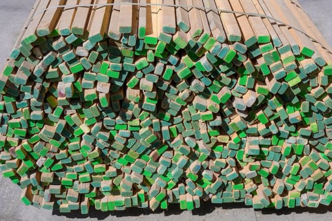 Bundled wooden slats in a sawmill