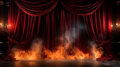 Theatre stage with red velvet curtains on fire. generative AI