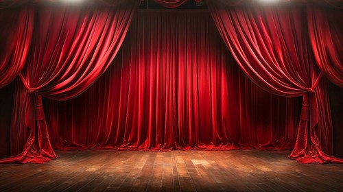 Dramatically lit lustrous red velvet theatre curtains and wooden stage floor. generative AI