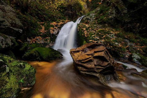 Mountain stream with waterfalls in autumn