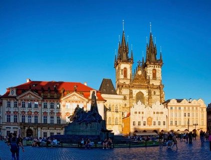 Jan Hus Monument and Teyn Church on Old Town Square