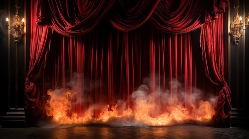 Theatre stage with red velvet curtains on fire. generative AI