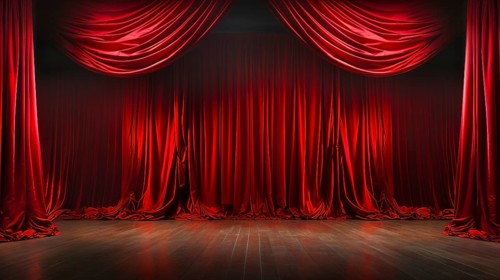 Dramatically lit lustrous red velvet theatre curtains and wooden stage floor. generative AI