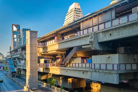 Urban public transport station for light train metro on sunny day. BTS station