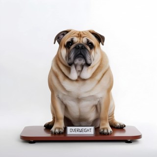 Fat pug with a sad facial expression sitting on a scale with a display showing OVERWEIGHT on it. AI generated