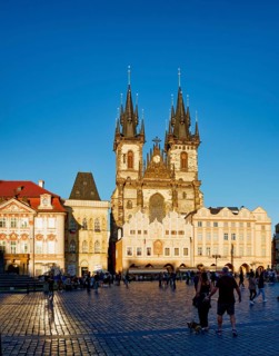 Jan Hus Monument and Teyn Church on Old Town Square